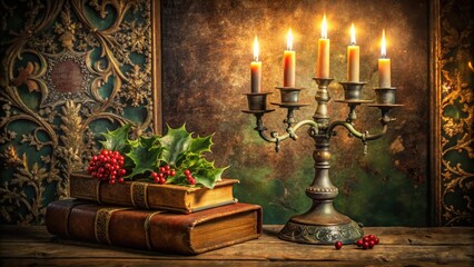 A dimly lit, ornate, and eerie Victorian-era inspired background with a worn, leather-bound book, candelabra, and festive holly, evoking a sense of nostalgic austerity.