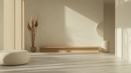 Mock up frame in a minimalist social zone with clean lines and natural wooden seating, 3D render 