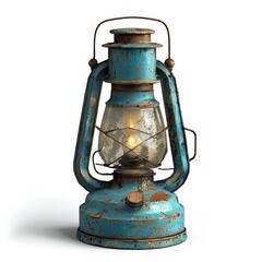 A vintage blue lantern with a warm light, beautifully isolated against a white background.