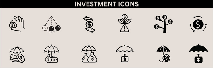 Inflation icon: Price Increase, Cost Surge, Inflation Rate, Economic Impact, and Consumer Prices. Investment Icons set vector illustrator. Finance, Profit, Asset, Investor, Economy. Simple outline