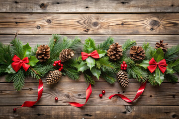 Festive Christmas Garland with Pinecones and Ribbons on Rustic Background with Empty Space for Text.