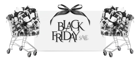 Fototapeta premium Black Friday Shopping trolley filled with black and white gift boxes adorned with ribbons, isolated with poster with text. Banner for sales promotion, online shopping, or special offer