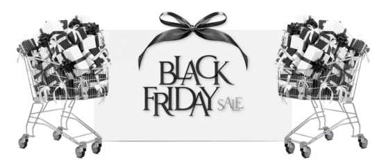Black Friday Shopping trolley filled with black and white gift boxes adorned with ribbons, isolated with poster with text. Banner for sales promotion, online shopping, or special offer
