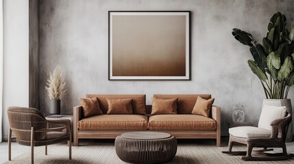 Mock up frame in a minimalist social zone with sleek natural wooden furniture and clean lines, 3D render 