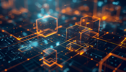 Fototapeta premium Futuristic structure with lines and cubes and geometrics shapes.3d illustration.Technology and science background