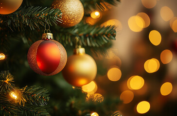 Fototapeta premium A series of close-up images of Christmas tree branches adorned with red, gold, and sparkling ornaments, surrounded by festive warm lights, creating a cozy and cheerful holiday ambiance.