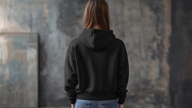 Black pullover hoodie (on back) mockup for women