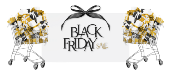 Black Friday Shopping trolley filled with gift boxes adorned with golden ribbons bows; isolated with poster and text written. Banner for sales promotion; online shopping; or special offer