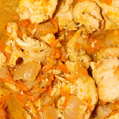 Chicken breast with gravy.Stewed chicken meat.Chicken breast background.
