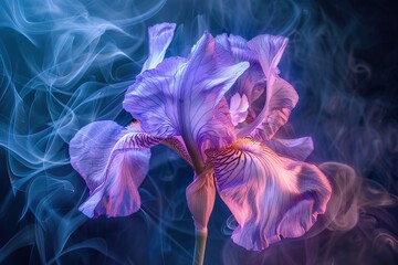 Obraz premium Blue Flag Iris Versicolor Detail on smoke Dark Background