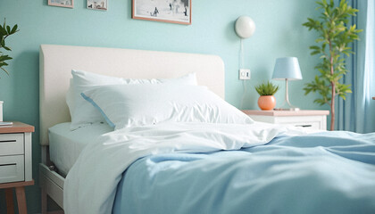 Blue and White Bedroom Bed with Pillow.