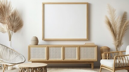 Mock up frame in an elegant entertainment zone with natural wooden furniture and light, airy decor