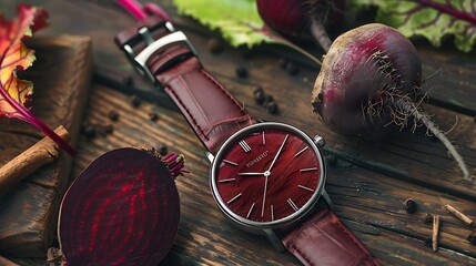 A chic watch on a beetroot next to a rustic table