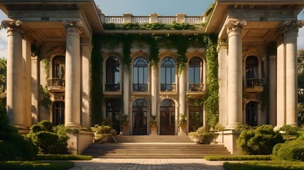 Obraz premium Ancient mansion featuring a grand water fountain and a lush garden, showcasing a rich antique design with columns, reminiscent of a historical Italian villa