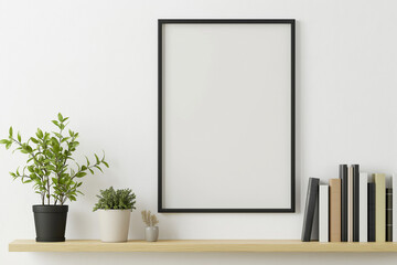 White poster in black frame mockup on the shelf, books and plants. AI generated