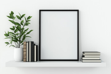 White poster in black frame mockup on the shelf, books and plants. AI generated