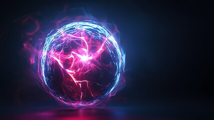 Naklejka premium A glowing orb with pink and blue energy swirling inside on a dark background.