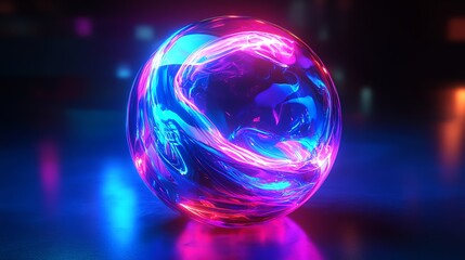 A glowing orb with blue and pink energy swirling inside on a dark background.