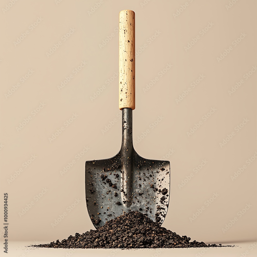 Wall mural a dirty shovel resting beside a pile of soil, set against a beige backdrop, symbolizing hard work.