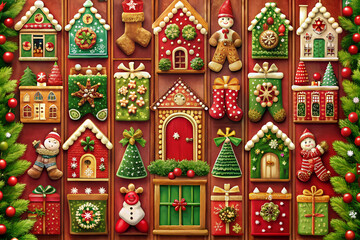 Creative Advent Calendar with Festive Ornaments and Gingerbread Illustrations