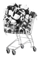 Black Friday Shopping trolley filled with black and white gift boxes adorned with ribbons and bows, isolated on a white background. Concept for sales promotion, online shopping, or special offer