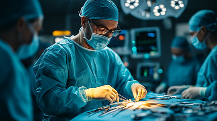 Surgeon performing a precise operation in a modern operating room. Focus on surgical tools and professional teamwork.