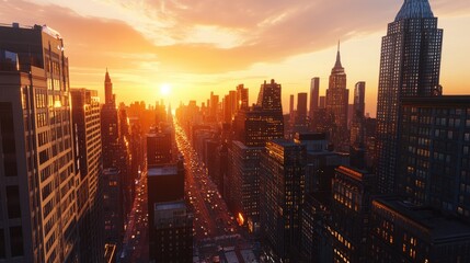 Fototapeta premium a bustling big city skyline at sunset, with skyscrapers, busy streets, and glowing lights, capturing the energy of urban life.
