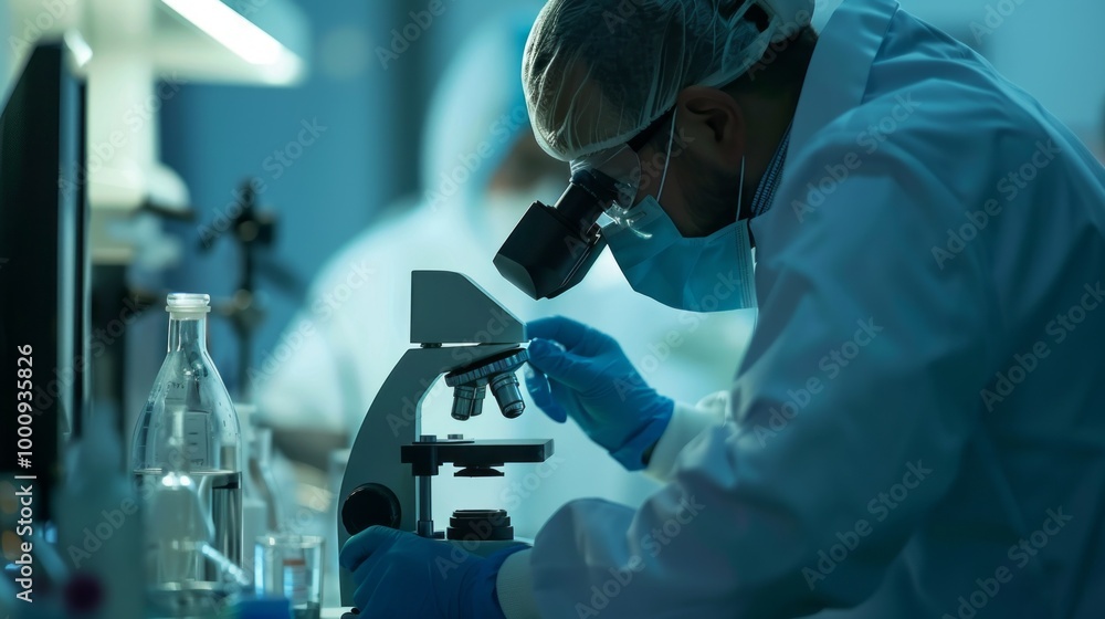 Poster a man in a lab coat is looking through a microscope