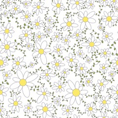 Obraz premium Seamless bright floral pattern. Chamomile. Simple yellow and white flowers, green leaves. White background. Designed for textile fabrics, wrapping paper, background, wallpaper, cover.