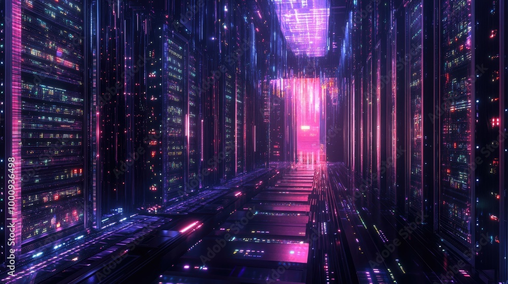 Poster a futuristic data storage facility with rows of servers and data racks, showcasing the infrastructur