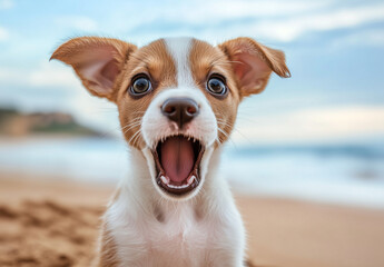 Two adorable puppies, one black-and-tan and the other brown-and-white, with joyful expressions and wide-open mouths, sitting outdoors with a blurred beach background.

