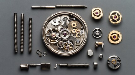 Fototapeta premium The intricate inner workings of a watch laid out on a wooden surface.
