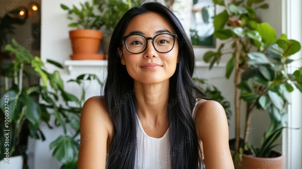 Poster asian businesswoman working at desk in home studio, smiling while using desktop computer