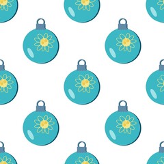 Seamless abstract pattern. Simple background on yellow, white, blue colors. Illustration. Christmas balls. New year. Designed for textile fabrics, wrapping paper, background, wallpaper, cover.