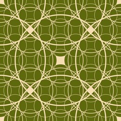 Seamless abstract geometry pattern. Simple background on green, beige colors. Illustration. Abstract circles, lines. Designed for textile fabrics, wrapping paper, background, wallpaper, cover.