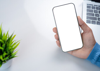 Mockup image screen smartphone, Cell phone with blank space for text, Hand woman work using smartphone, White background for advertising, Marketing, Design, Design creative work space.