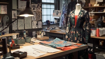 Naklejka premium Costume designers studio with fabrics and sketches, mannequin in natural light