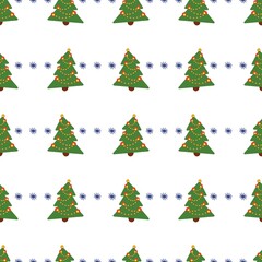 Seamless abstract pattern. Yellow, green, red, blue colors. Illustration. Christmas tree with garland. Snowflakes. New year. Designed for textile fabrics, wrapping paper, background, wallpaper, cover.