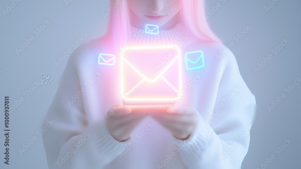 Aufkleber minimalistic hand holding mobile device with floating holographic messages