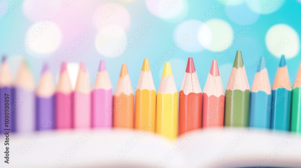Poster colored pencils are neatly displayed beside an open book on a desk, creating an inviting atmosphere 