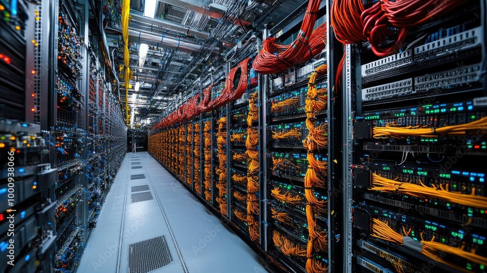 Poster an advanced data center filled with servers, cables, and cooling systems, representing the core of a