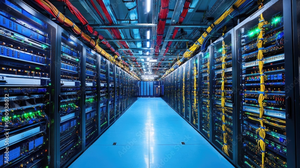 Poster an advanced data center filled with servers, cables, and cooling systems, representing the core of a