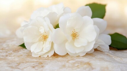 Lush white roses rest gently on a stone surface, showcasing their elegant petals and inviting a sense of tranquility