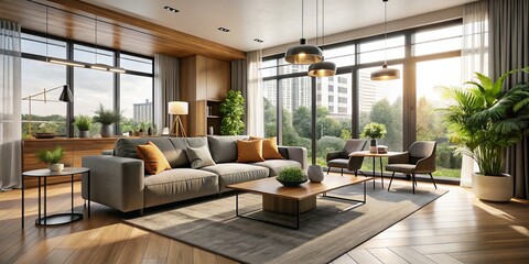 Fototapeta premium A modern minimalist interior showcases elegant furnishings and ample natural light, crafting a cozy living space that