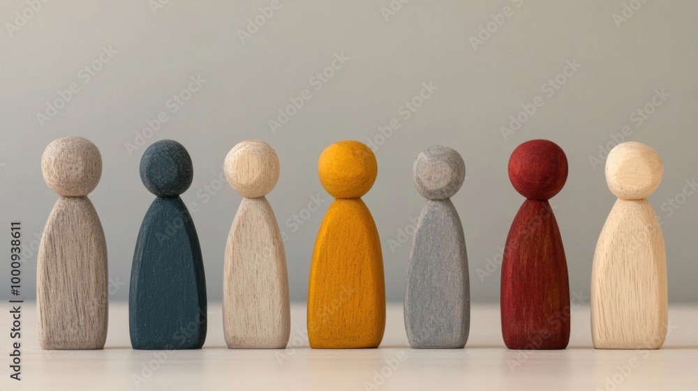 Aufkleber a collection of diverse wooden figures arranged in a row, highlighting their varied colors and disti