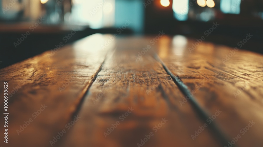 Poster the wooden bar counter in the cafe captures warm, reflective lighting, creating an inviting yet empt
