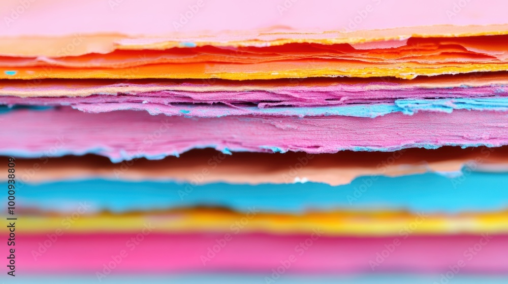 Poster a close-up view reveals stacks of colorful sheets of paper, displaying intricate textures and a blen