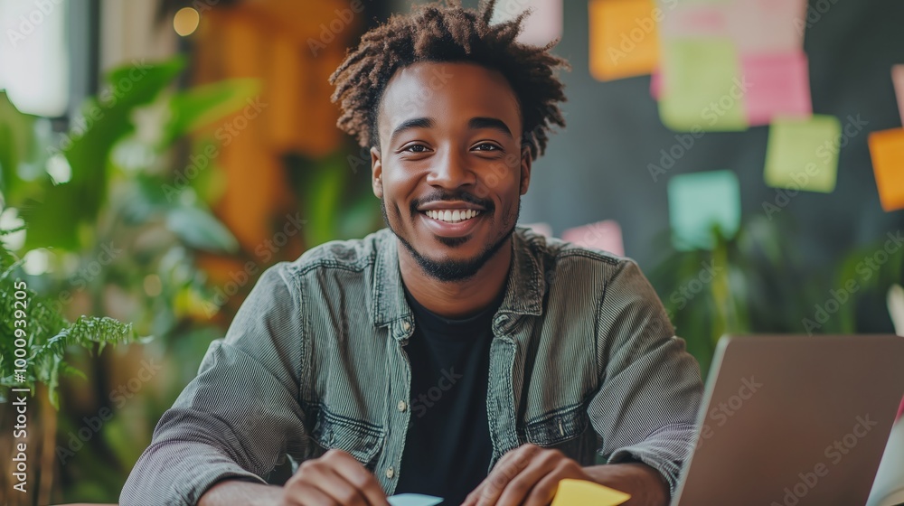 Poster a smiling man in casual attire sits at his desk, surrounded by colorful sticky notes and an open lap