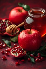 Frame made of pomegranates, apples, honey and green leaves on red background. Traditional symbols of Rosh Hashanah. Jewish New Year holiday. Template for design banner, poster, card with copy space