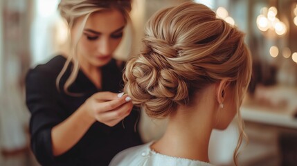 A wedding makeup artist in black attire is applying hair to the bride's blonde updo hairstyle at her salon session.